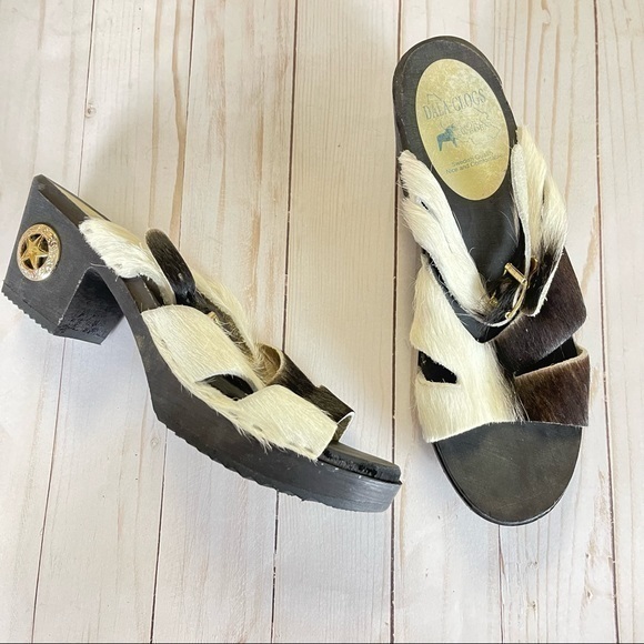 Dala Clogs Sweden cow print pony fur platform Sandal Size 40 - Picture 1 of 7
